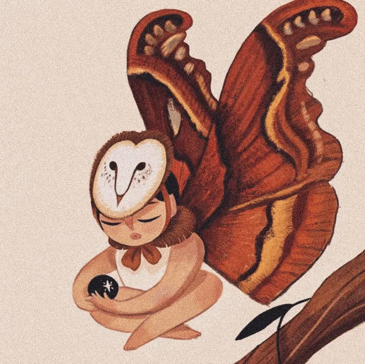 Digital illustration of a girl in a barn owl mask with large brown moth wings, sitting cross-legged and holding a dark orb.