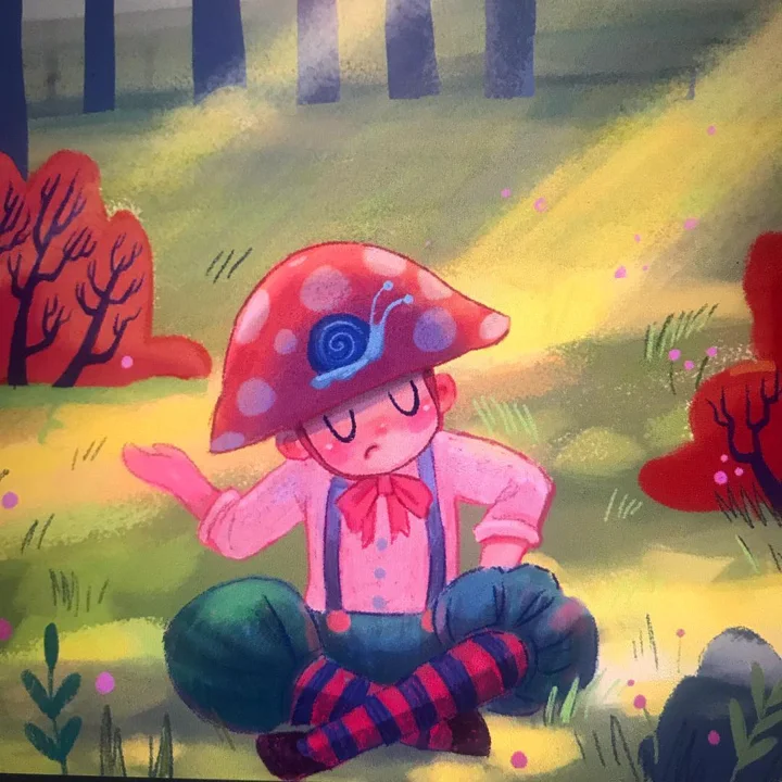 Digital illustration of a grumpy boy in a red spotted mushroom cap topped by a snail, sitting cross-legged in a sunny glade.