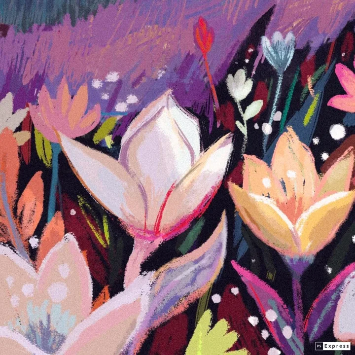 Digital painting of white, peach, and pink tulip-like blooms in loose chalky strokes against a dark ground with purple above.
