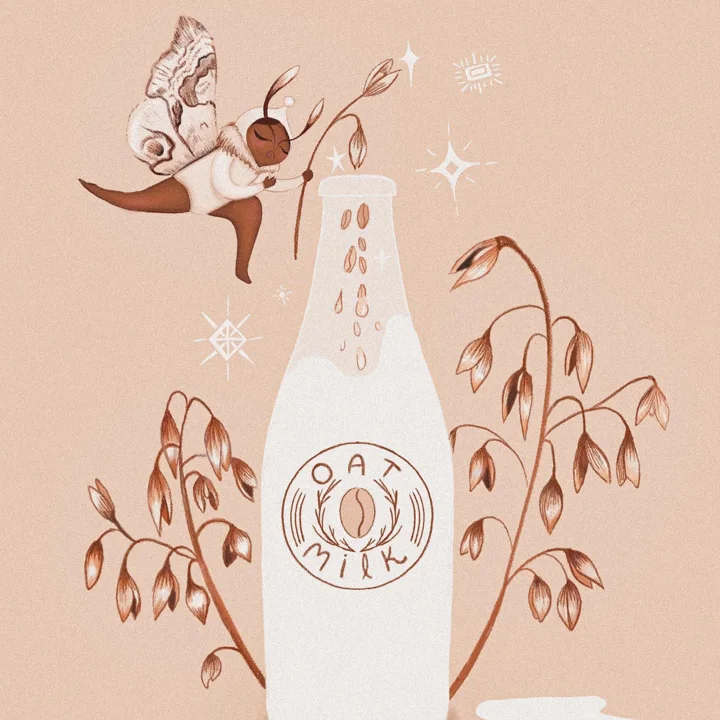 Digital illustration of a masked moth fairy flying above a bottle labeled OAT MILK, flanked by sprigs of oats.