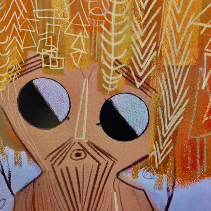 Digital illustration of a close-up masked face with round black eyes among orange trees patterned with chevrons.