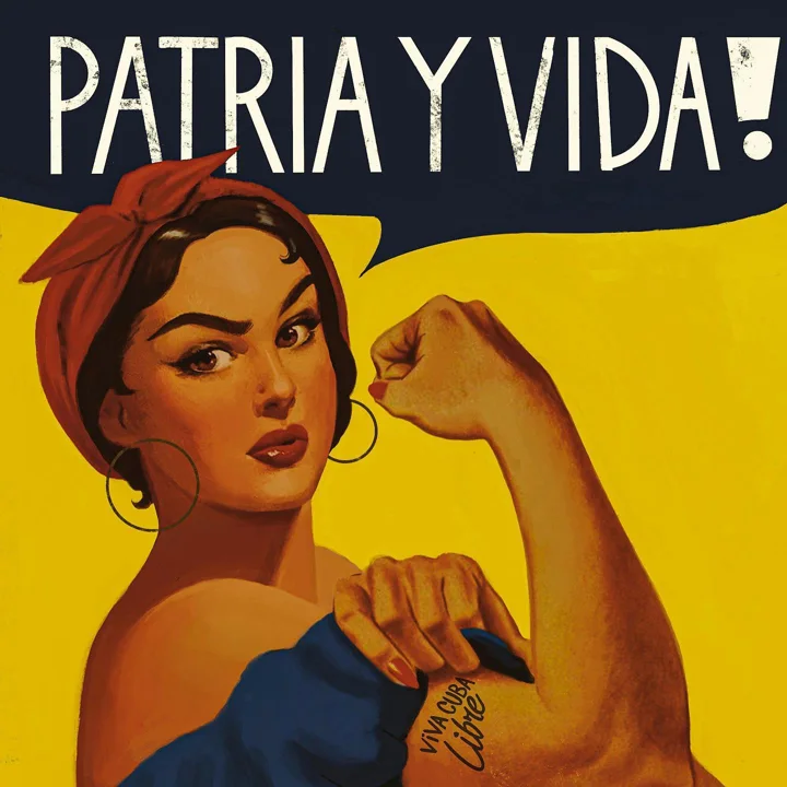 Digital poster illustration of a woman in a red headscarf flexing her arm beneath the words PATRIA Y VIDA! on yellow.