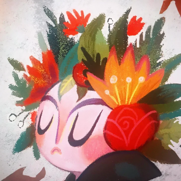 Digital illustration of a round pink face with closed eyes beneath a lush crown of red and orange flowers and leaves.