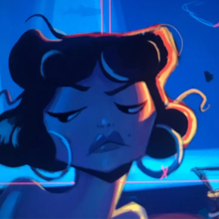 Digital illustration of a woman with dark curly hair and downcast eyes, lit in deep blue with a red rim light.