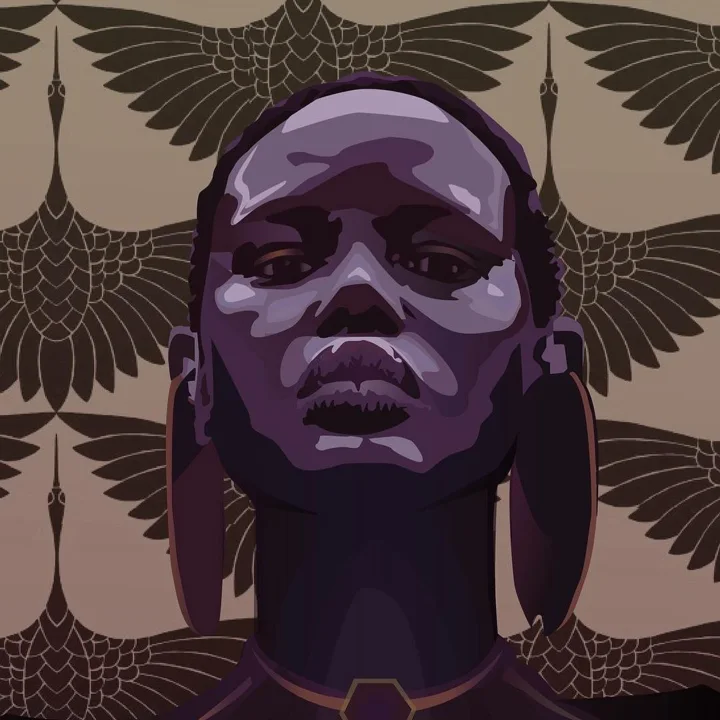 Digital portrait in purple tones of a person with stretched earlobes, set against a pattern of dark cranes in flight.