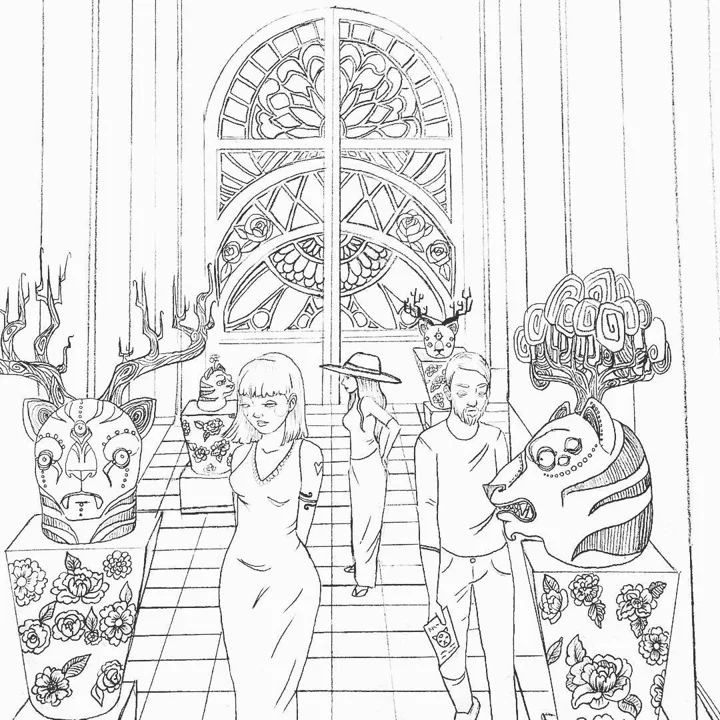 Line drawing of people strolling beneath a tall arched window, between animal-head sculptures on rose-patterned pedestals.