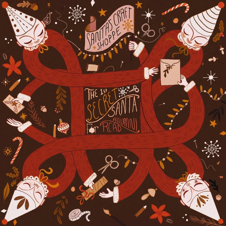 Digital illustration of four elves whose long red arms knot together around craft tools and a SANTA'S CRAFT SHOPPE banner.