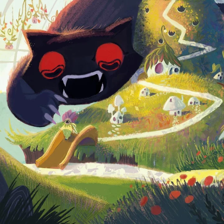 Digital illustration of a dark, red-eyed, fanged creature looming over green hills dotted with mushroom houses.