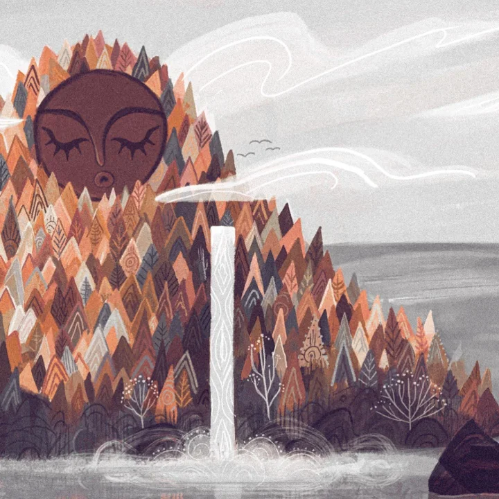 Digital illustration of a mountain of triangular autumn trees with a dark sleeping face above a waterfall and misty pool.