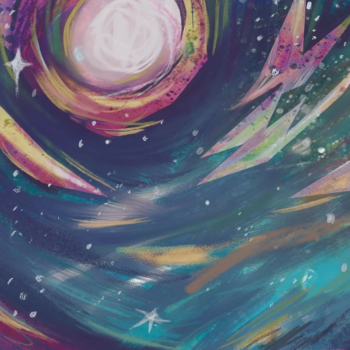 Digital illustration of a swirling night sky in teal, purple, and gold around a glowing full moon, scattered with stars.