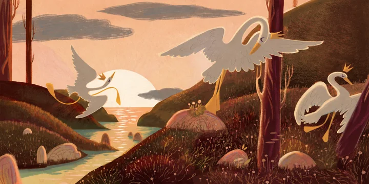 Digital illustration of white swans wearing small crowns flying over a river valley at sunset, one resting on the bank.