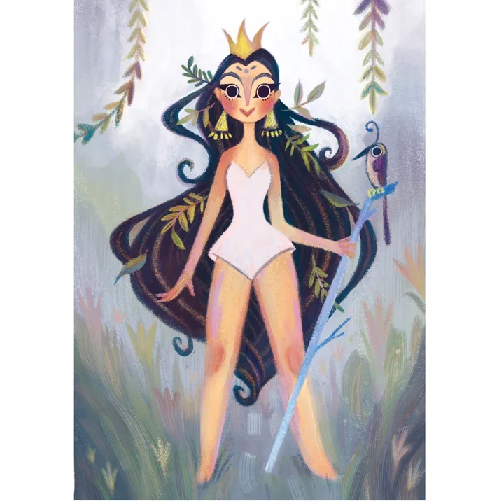 Digital illustration of a crowned queen with long dark hair in a white bodysuit, holding a staff topped by a bird.