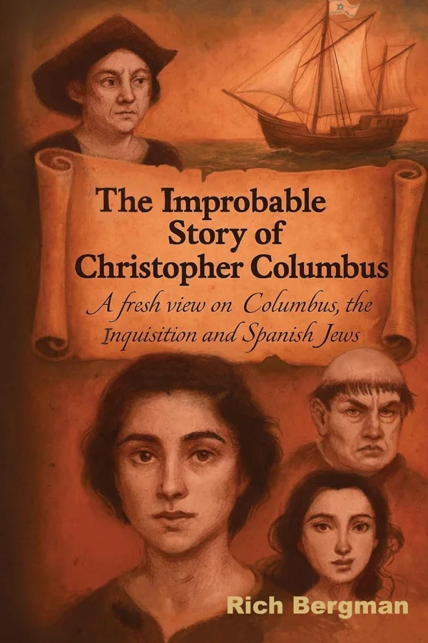 Digital book cover showing painted-style portraits of Christopher Columbus, a sailing ship, and three faces.
