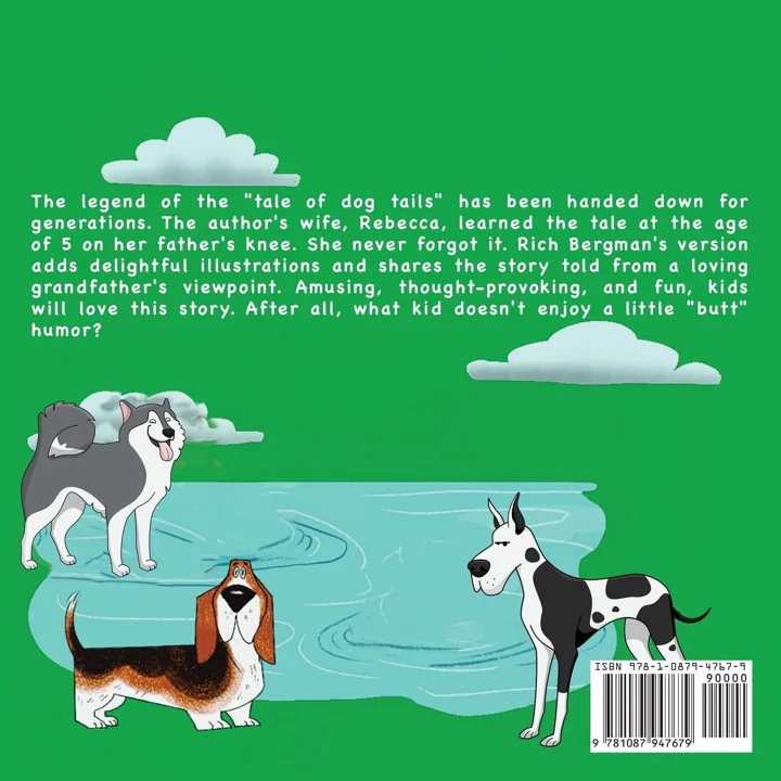Digital book back cover showing a husky, a basset hound, and a Great Dane beside a pond, below a blurb, with a barcode.