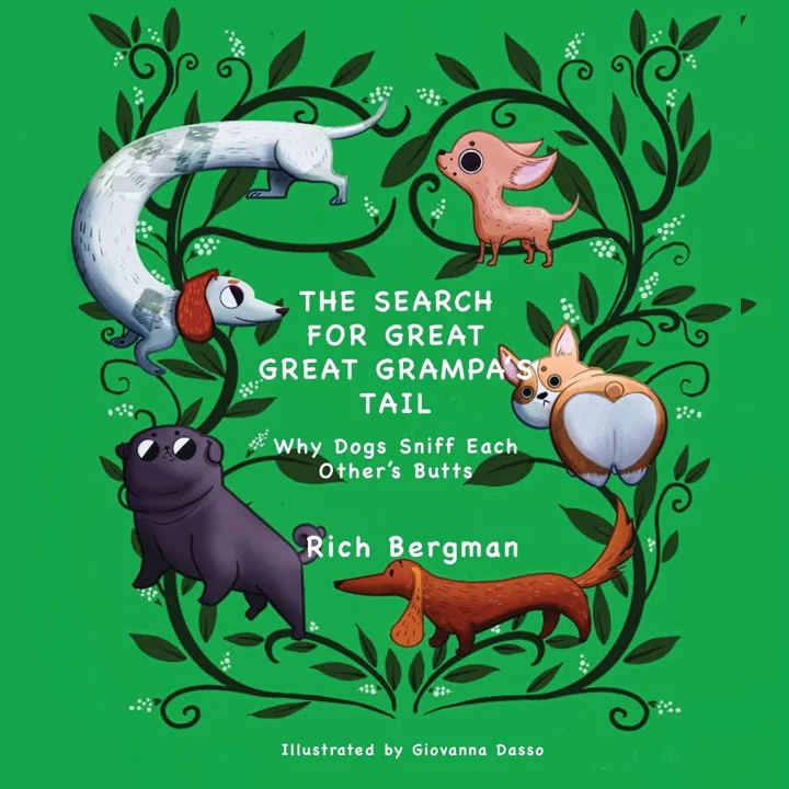 Digital book cover of dogs, including a corgi, a pug, a chihuahua, and dachshunds, framed by curling vines on bright green.