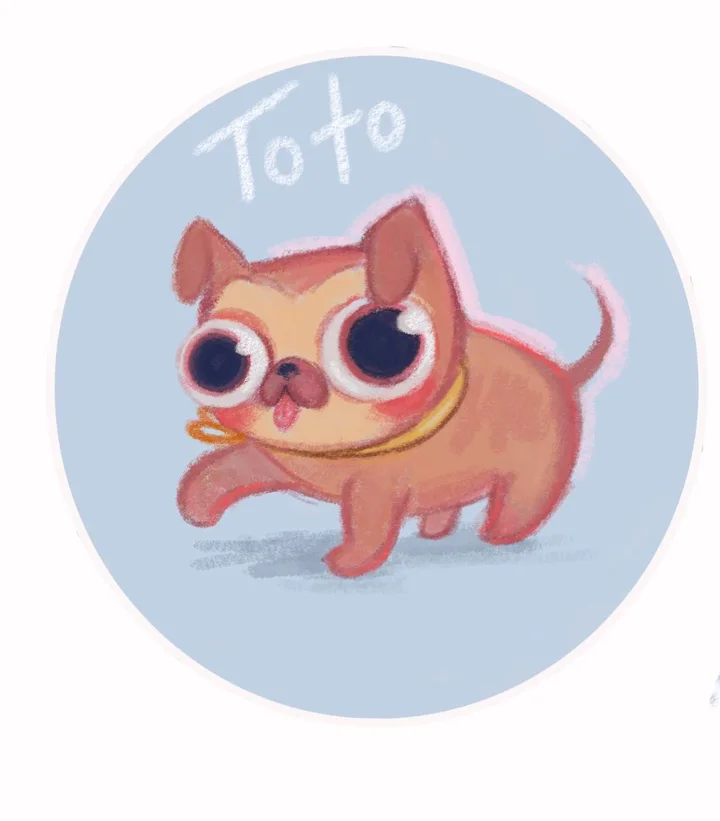 Digital illustration of a bug-eyed pug puppy with its tongue out inside a pale blue circle lettered Toto.