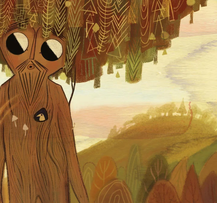 Digital illustration of a wooden tree creature with round black eyes under a patterned autumn canopy, beside a hazy valley.