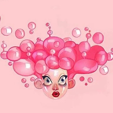 Digital illustration of a wide-eyed face with red lips beneath a big crown of glossy pink bubble hair on a pink ground.
