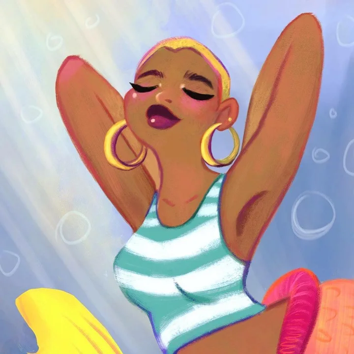 Digital illustration of a woman in a striped swimsuit and gold hoop earrings, arms raised behind her head, eyes closed.