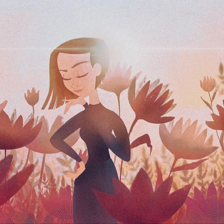 Digital illustration of a woman in a black dress with eyes closed and a hand on her hip among tall red lotus-like flowers.