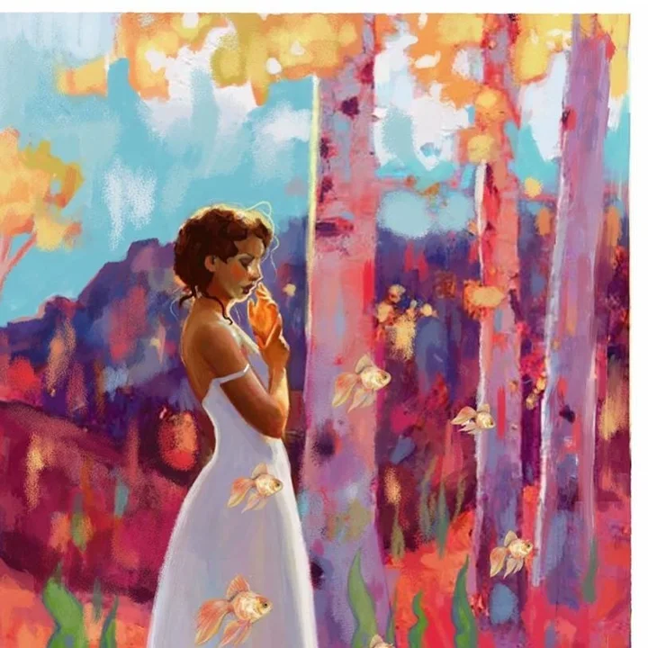 Painted illustration of a curly-haired woman in a white dress among autumn birches, with goldfish floating in the air.