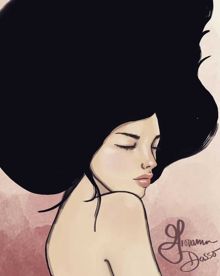 Digital illustration of a woman with eyes closed, looking over her bare shoulder beneath a huge cloud of black hair.