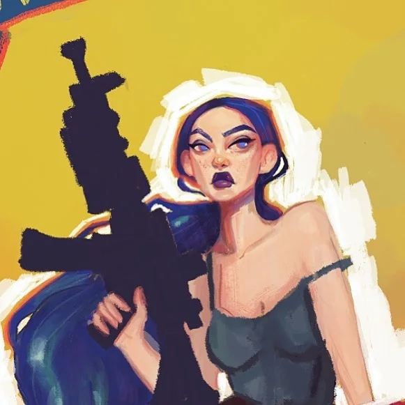 Digital illustration of a dark-haired woman in a gray tank top holding a black rifle against a bright yellow background.