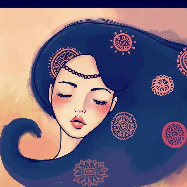 Digital illustration of a woman with closed eyes and long flowing navy hair decorated with pink mandala patterns.