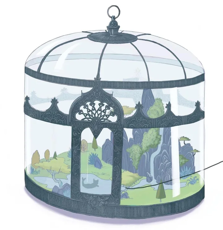 Digital illustration of an ornate glass terrarium holding a miniature landscape of mountains, trees, and water.