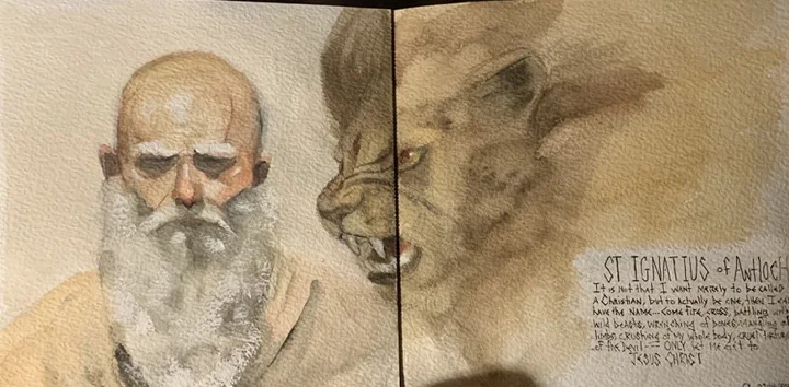 Watercolor saint and lion spread. Original artwork by Giovanna Dasso.