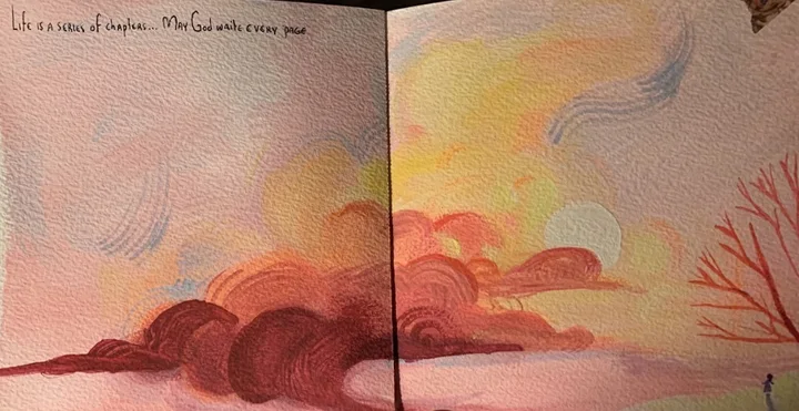 Pink and gold sky spread. Original artwork by Giovanna Dasso.
