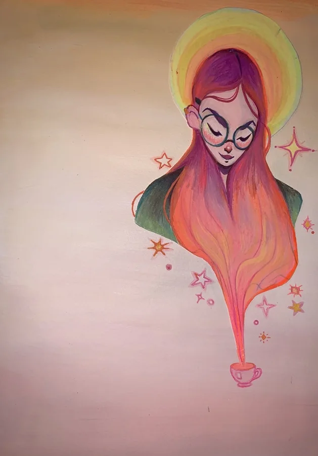 Character with glasses and flowing red hair. Original artwork by Giovanna Dasso.