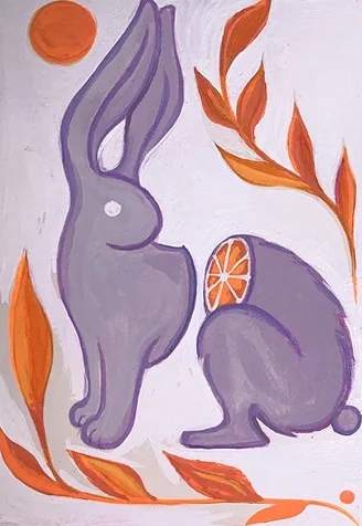 Purple rabbit and orange illustration. Original artwork by Giovanna Dasso.