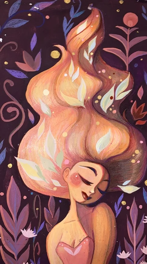 Golden-haired girl among botanical forms. Original artwork by Giovanna Dasso.