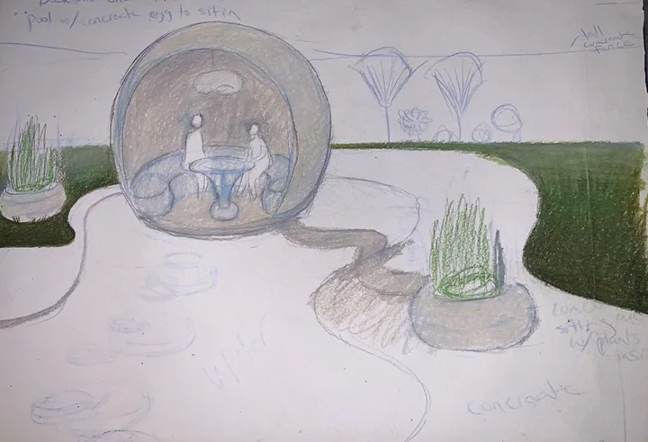 Garden pool concept sketch. Original artwork by Giovanna Dasso.