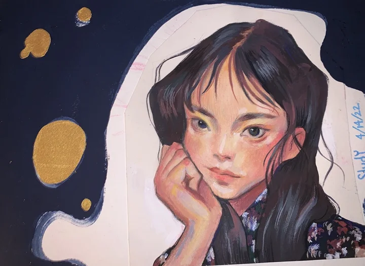 Portrait study with gold circles. Original artwork by Giovanna Dasso.