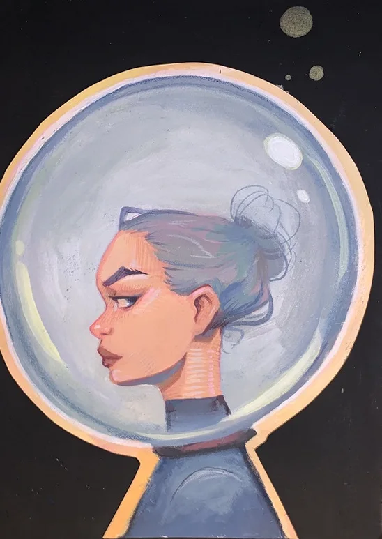 Profile inside a glass globe. Original artwork by Giovanna Dasso.