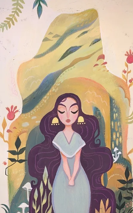 Girl in a golden tree landscape. Original artwork by Giovanna Dasso.