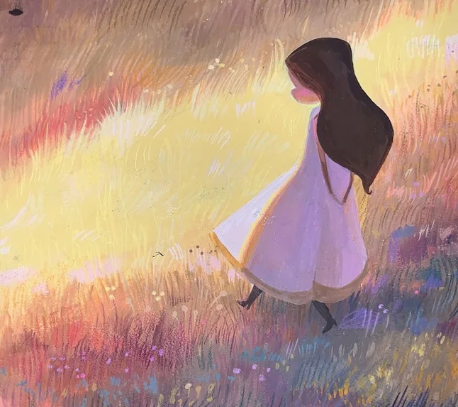 Girl walking toward golden light. Original artwork by Giovanna Dasso.
