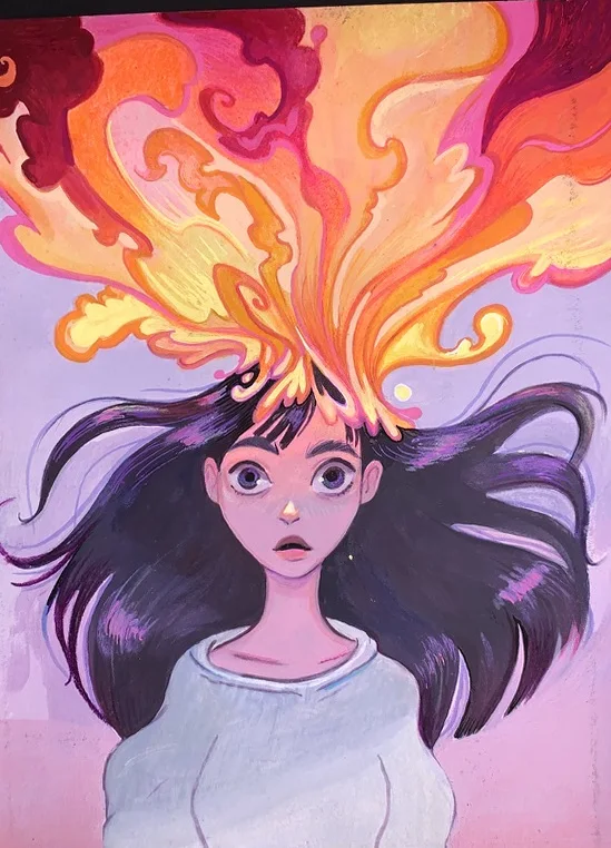 Girl with orange fire and violet hair. Original artwork by Giovanna Dasso.