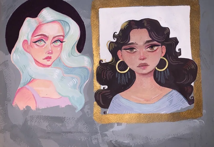 Two stylized portrait studies. Original artwork by Giovanna Dasso.