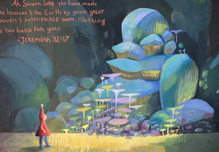Small figure in a mushroom forest. Original artwork by Giovanna Dasso.