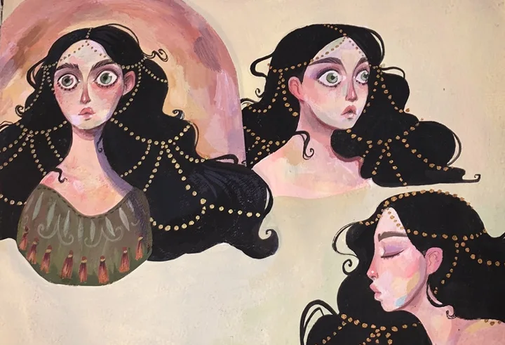 Dark-haired character expression studies. Original artwork by Giovanna Dasso.