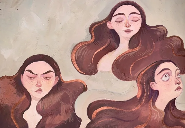 Brown-haired character expression studies. Original artwork by Giovanna Dasso.