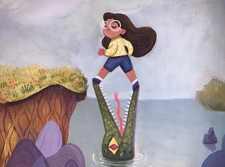 Girl riding a crocodile. Original artwork by Giovanna Dasso.