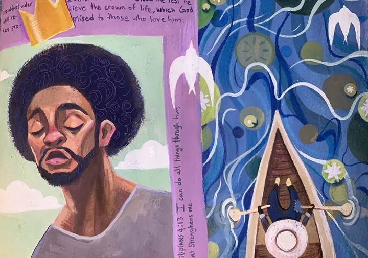 Crowned figure and boat scene. Original artwork by Giovanna Dasso.