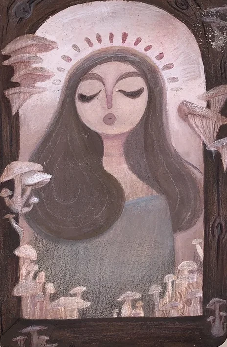 Girl in an archway among mushrooms. Original artwork by Giovanna Dasso.