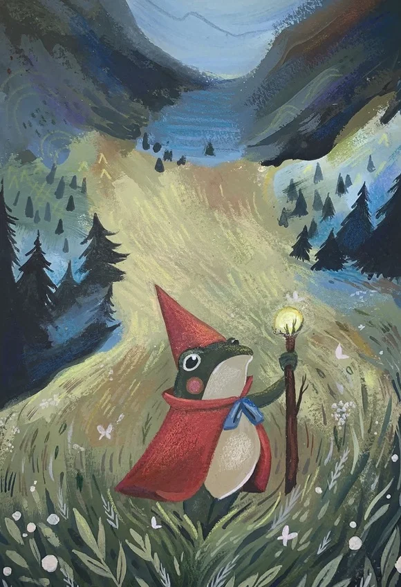 Frog traveler in a mountain valley. Original artwork by Giovanna Dasso.