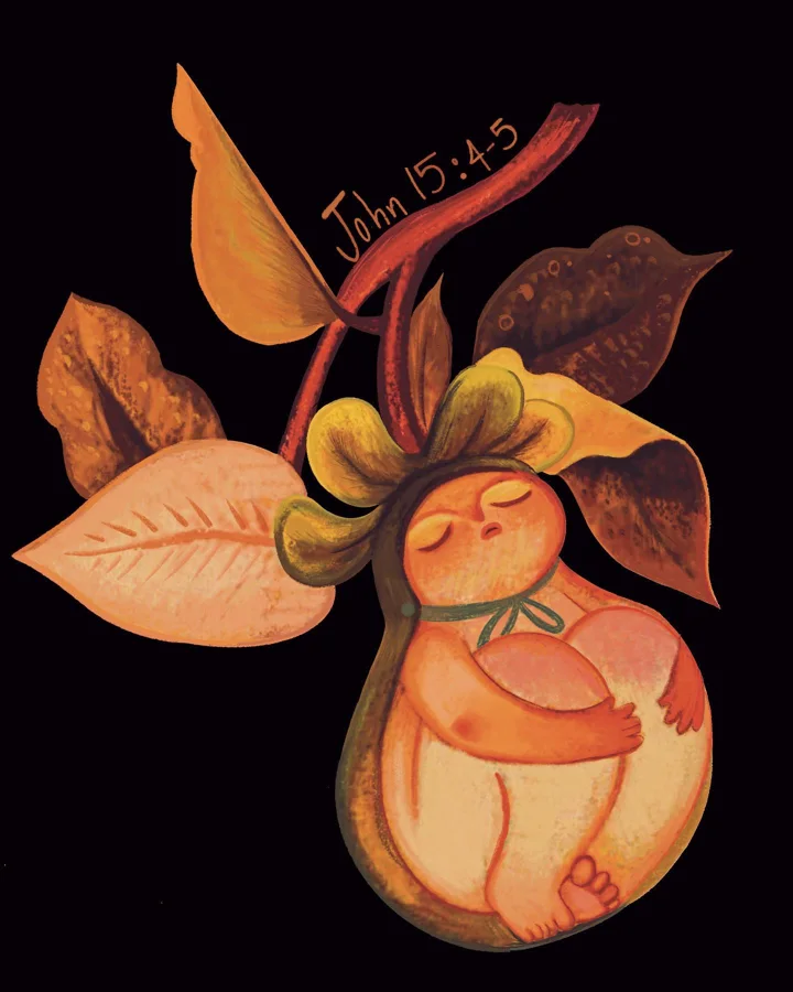 Digital illustration of a sleeping child curled in a hanging fruit pod on a leafy branch inscribed John 15:4-5.