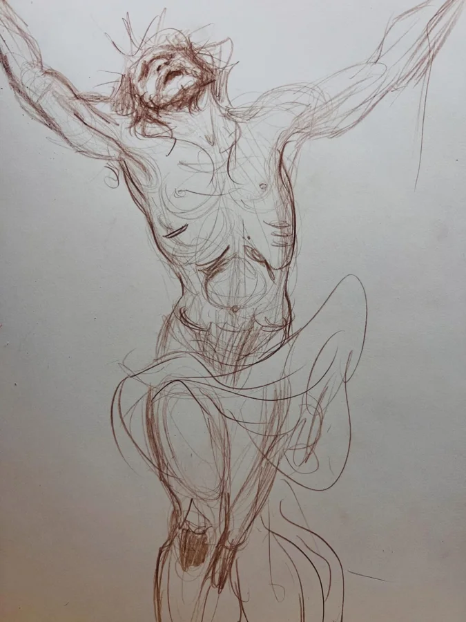 Red pencil sketch of the crucified Christ with arms outstretched.